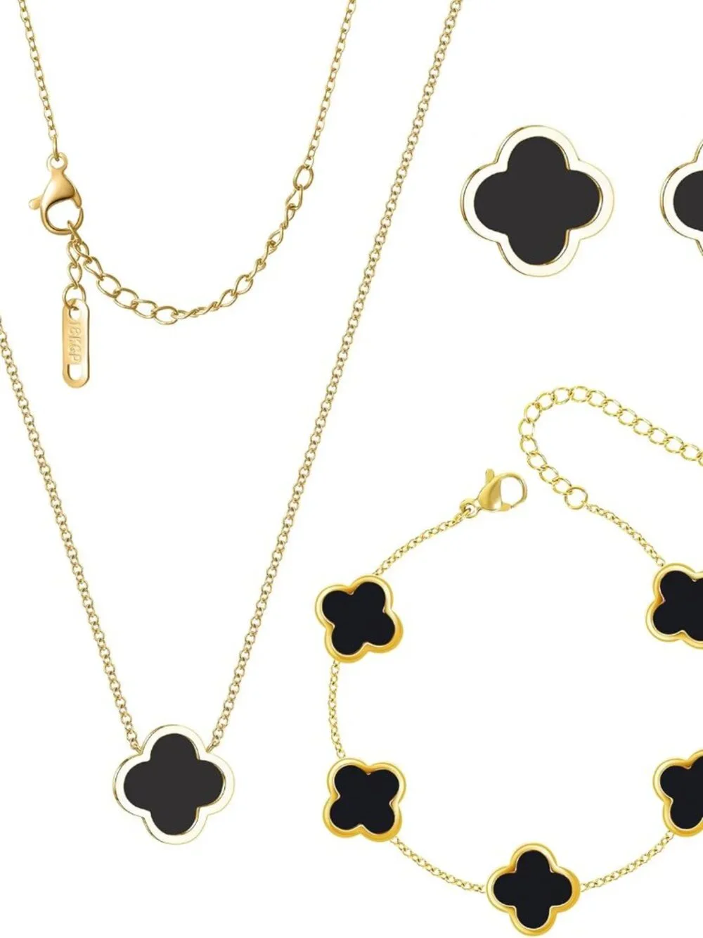 3 PC Set 18K Gold Plated Clover Necklace Bracelets Earrings Dainty Four Leaf Clo